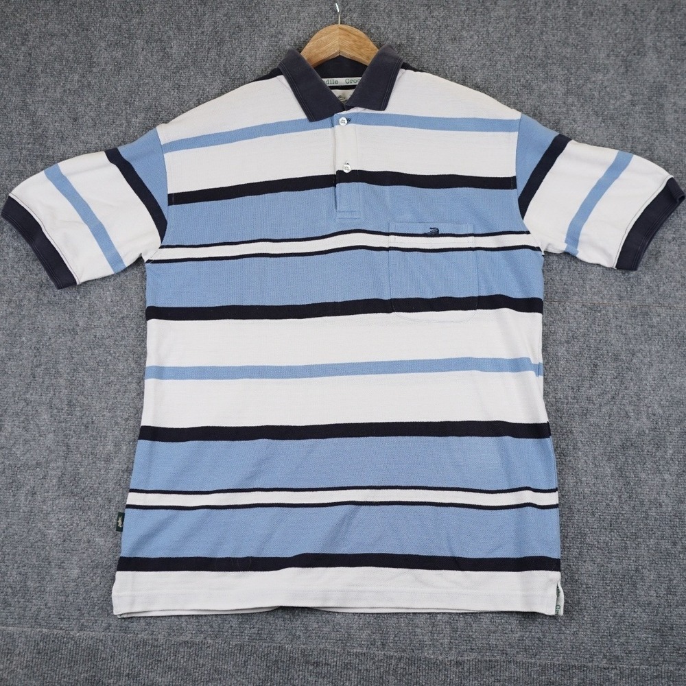 Vintage‎ Crocodile Mens Striped Pique Polo Shirt Blue White Navy Size 42 (Large)